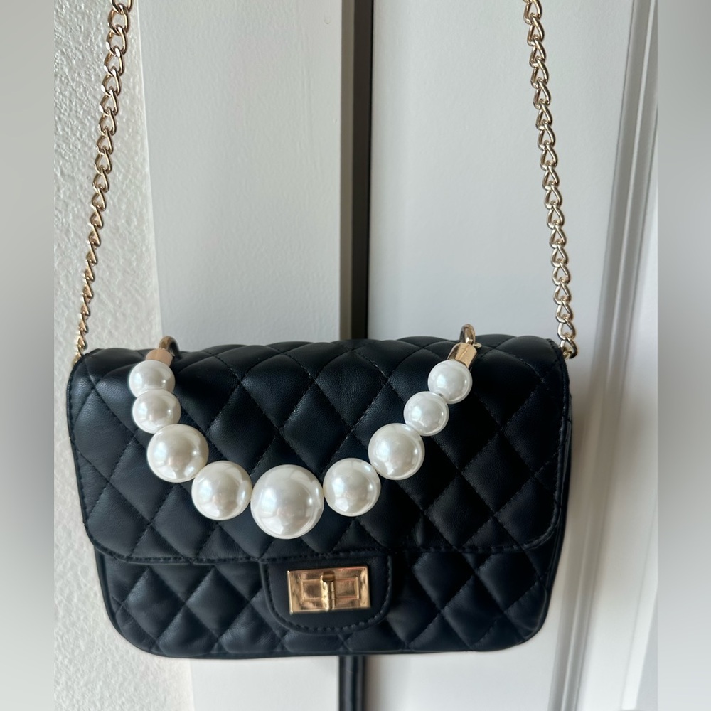 Quilted Black Pearl-Accent Crossbody Bag with Gold Chain